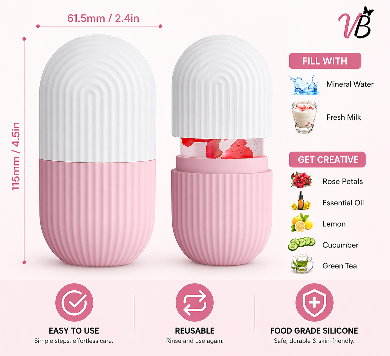 Velvet Blush Ice Face Roller – Reusable Silicone Skin Cooling Tool for Glowing, Firm & Refreshed Skin